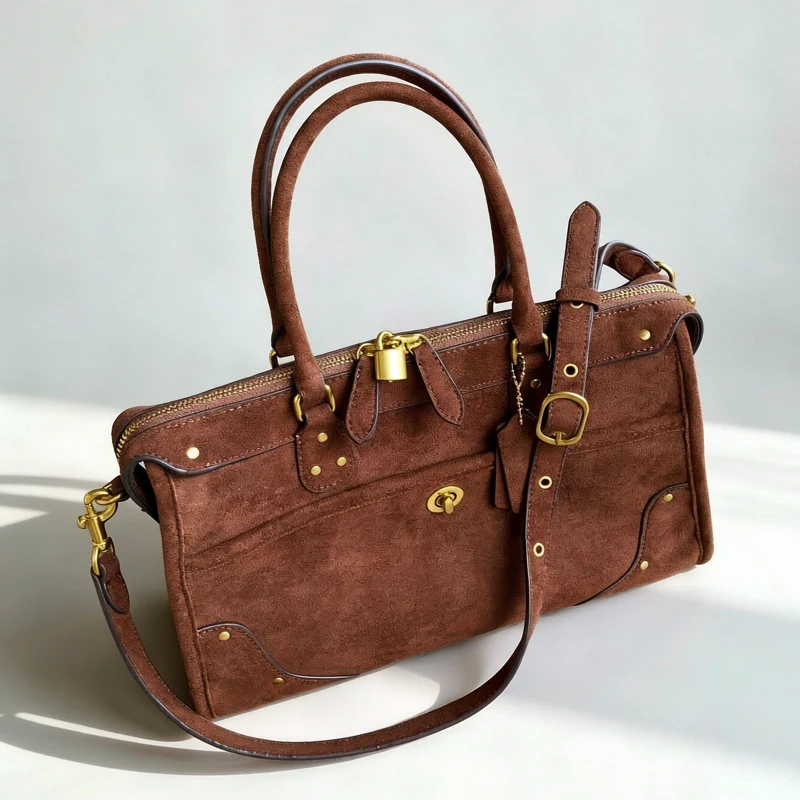 Vintage Faux Suede Boston Bags For Women Luxury Designer Handbag And Purse 2026 New In Riveted Lock Top Handle Underarm Shoulder