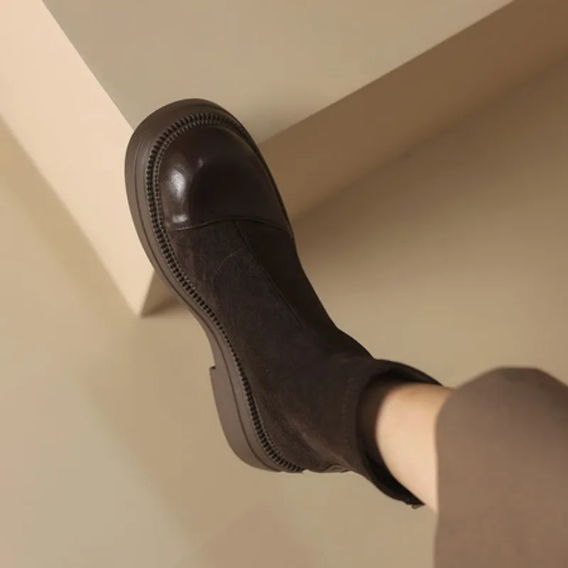 2026 النساء حذاء من الجلد حذاء بكعب سميك جولة تو أسود براون سيدة عادية الخريف الشتاء أحذية دافئة حجم 41