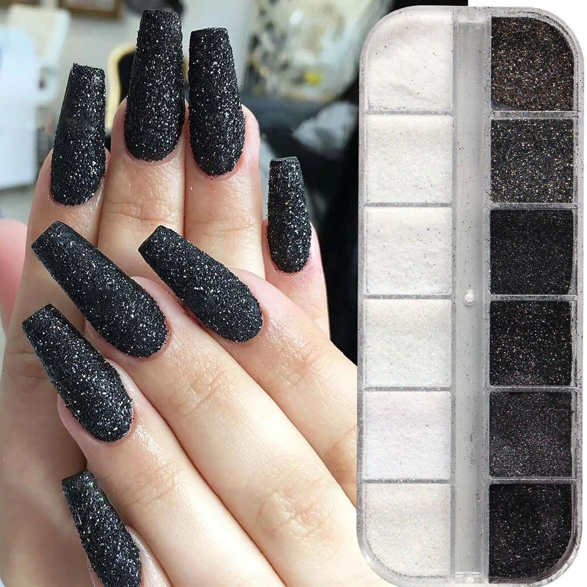 12 شبكة لامعة بيضاء سوداء السكر مسحوق بريق الأظافر تألق السكر الغبار الصباغ لتزيين الأظافر رقائق السكر الكروم