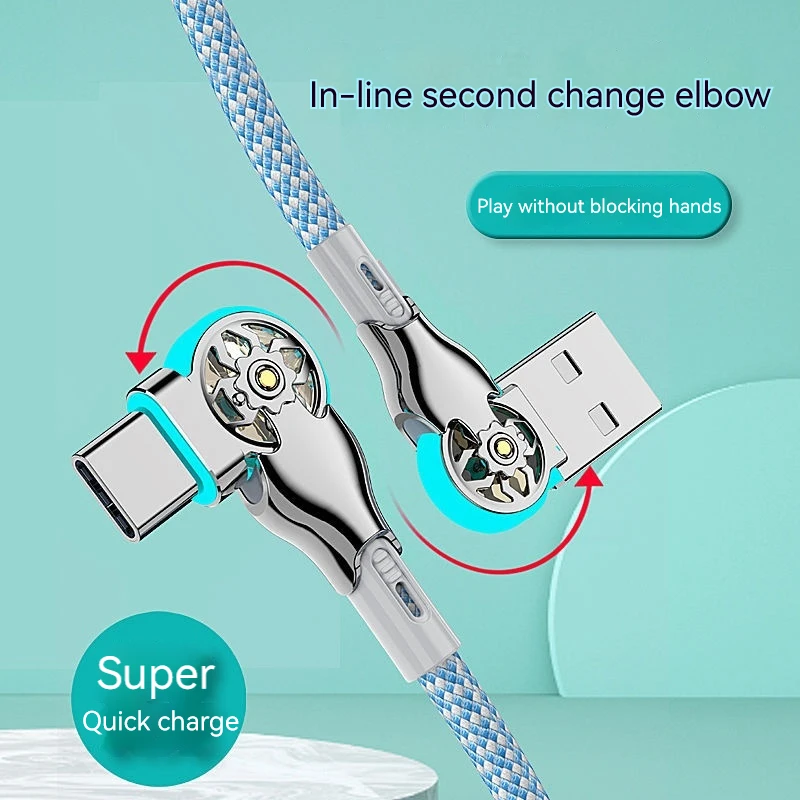 USB Tipo-C Duplo Cotovelo Giratório, Luz Nylon Trançado Extensão, Mech Rápido Carregamento de Dados Cabo, Universal Car