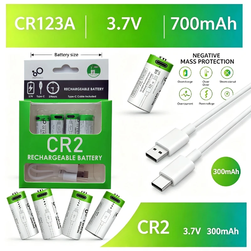 3,7V CR2 USB Wiederaufladbare Batterie, Typ-C Akkus, für Kamera, Entfernungsmesser, Bremsenverriegelung, Drucker SP-1