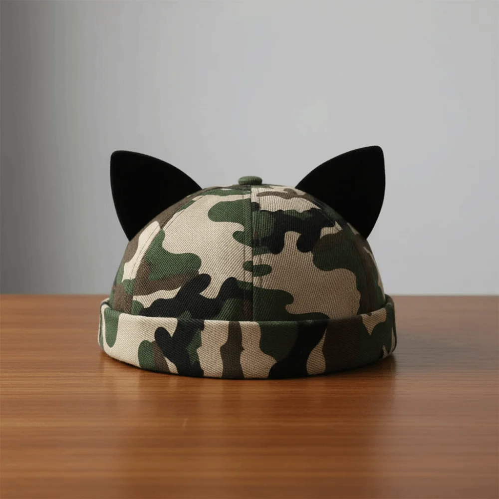 

Hip Hop Brimless Skull Cap Black Cat Ears Adjustable Beanie Hat Rolled Cuff Melon Docker Cap Unisex