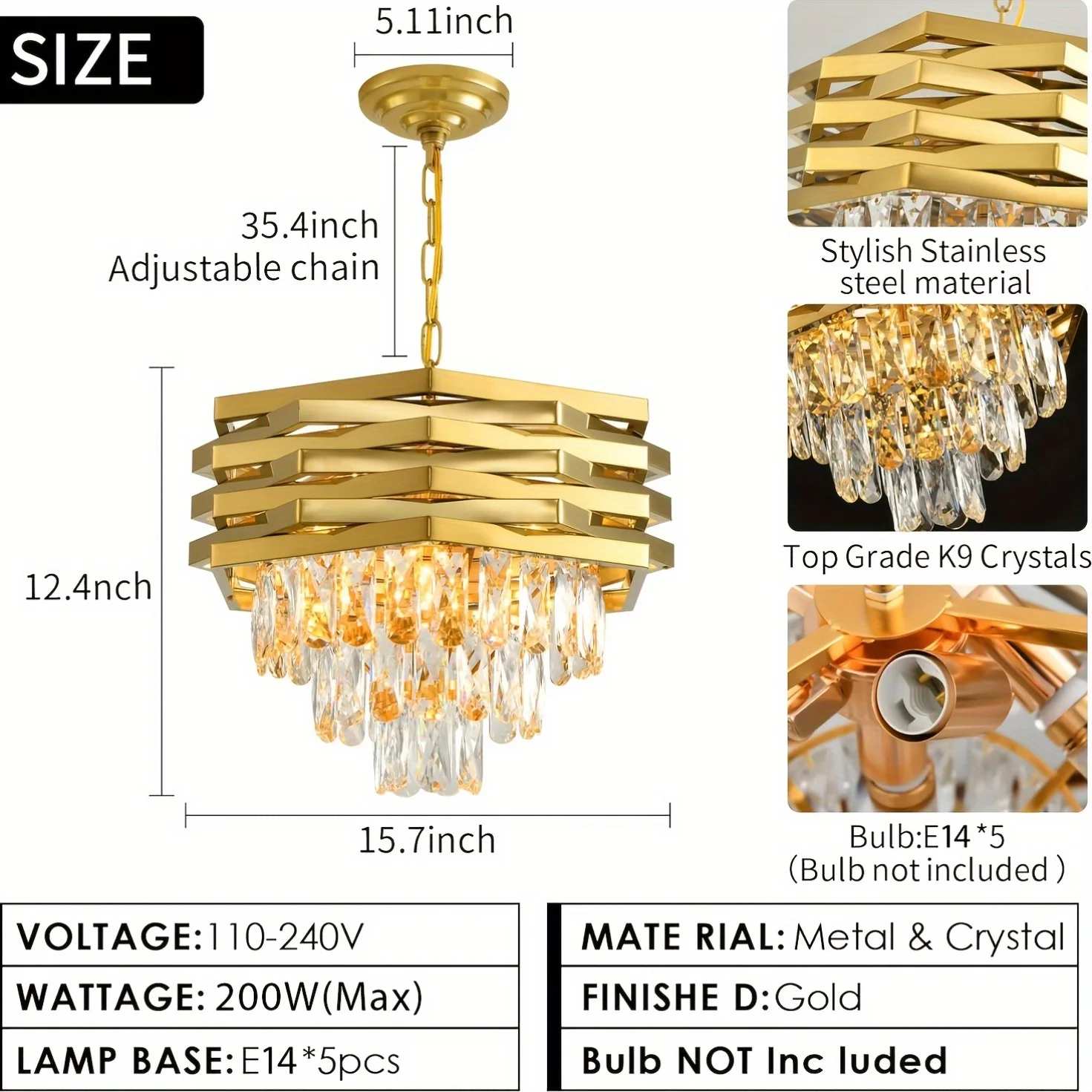 3-stufiger moderner LED-Kristall-Kronleuchter mit poliertem Metallrahmen – dimmbare Umgebungsbeleuchtung mit Auf- und Ab-Gericht