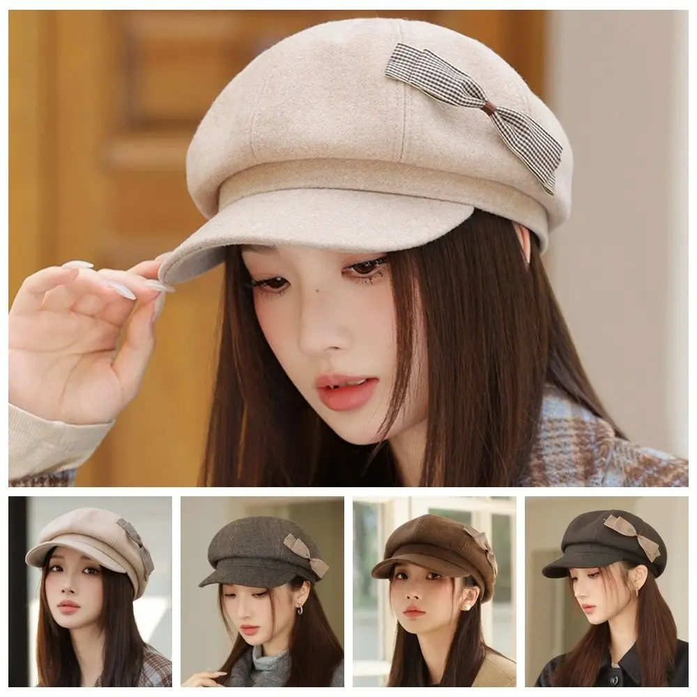 

Retro Wool Bow Beret Solid Color Warm Painter Hat Y2k Korean Style Octagonal Cap Girls