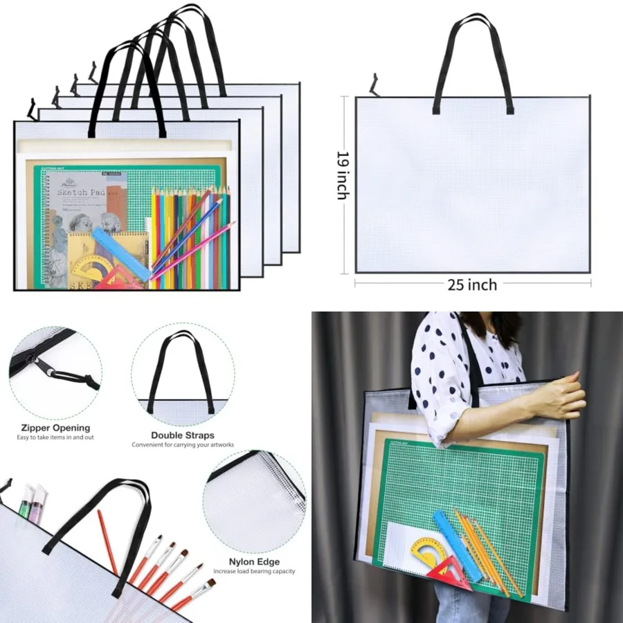 

Набор из 4 сумок-портфолио для художественных работ 19x25 дюймов, чехол для хранения произведений искусства с ручкой и молнией, виниловые сетчатые папки-органайзеры для доски объявлений