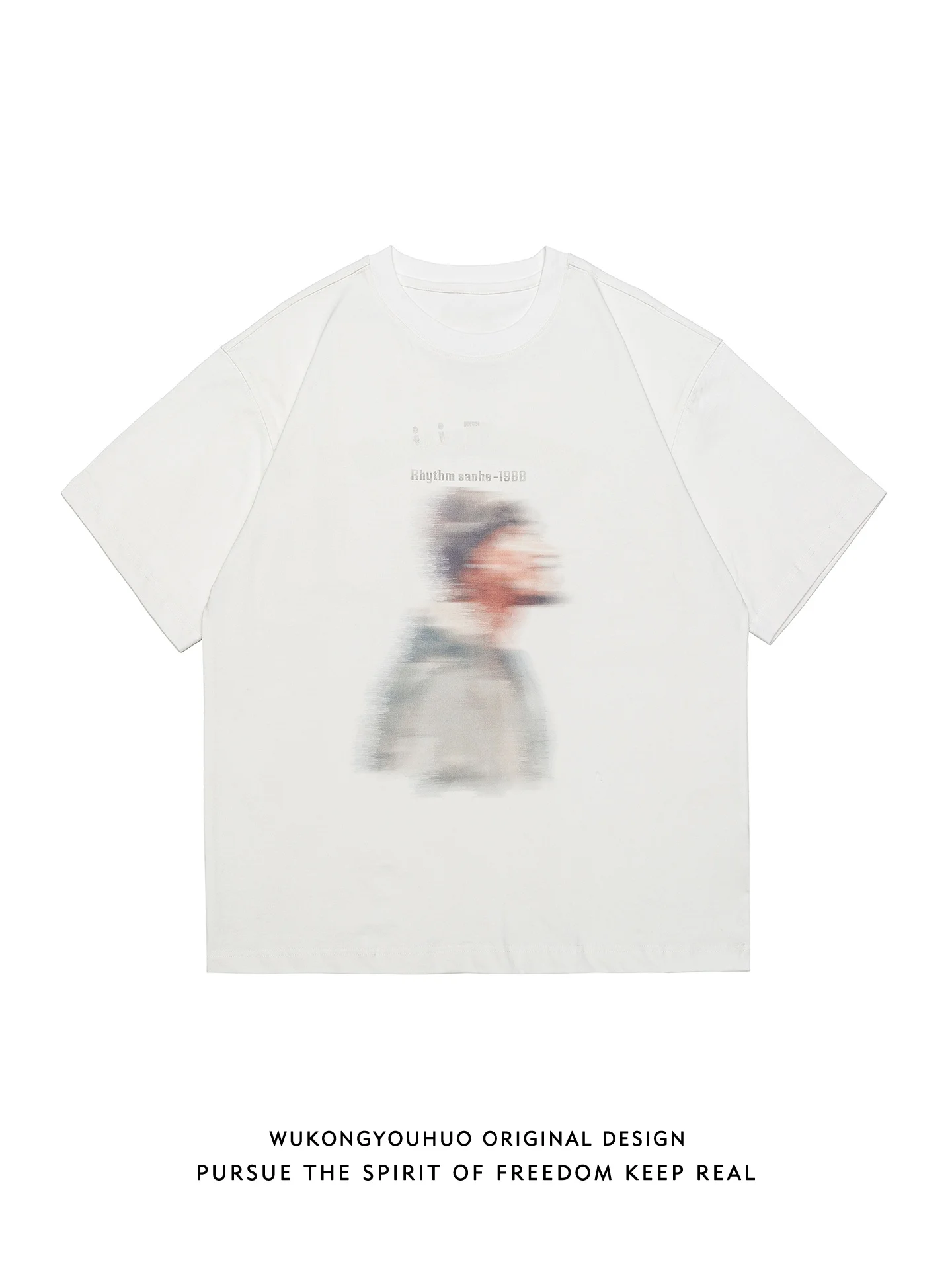 

Loose Fit American Retro T-irt with Blurry Character Print for Men And Women Summer Breathable ort Sve round Ne Tee