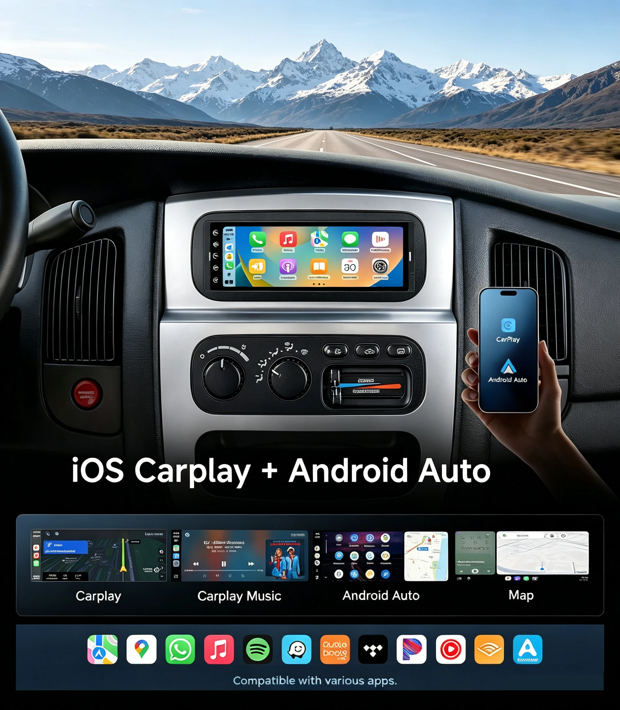 DRNVIYNC 6.9 Inch IPS 1280*480 Touch Screen 1Din Car Radio Wireless CarPlay Android Auto MP5 Player Bluetooth FM USB Car Multimedia Stereo It Mini Microphone Universal Auto Radio Head Unit Carplay Screen Autoradio GPS Navigation Auto SWC DSP
