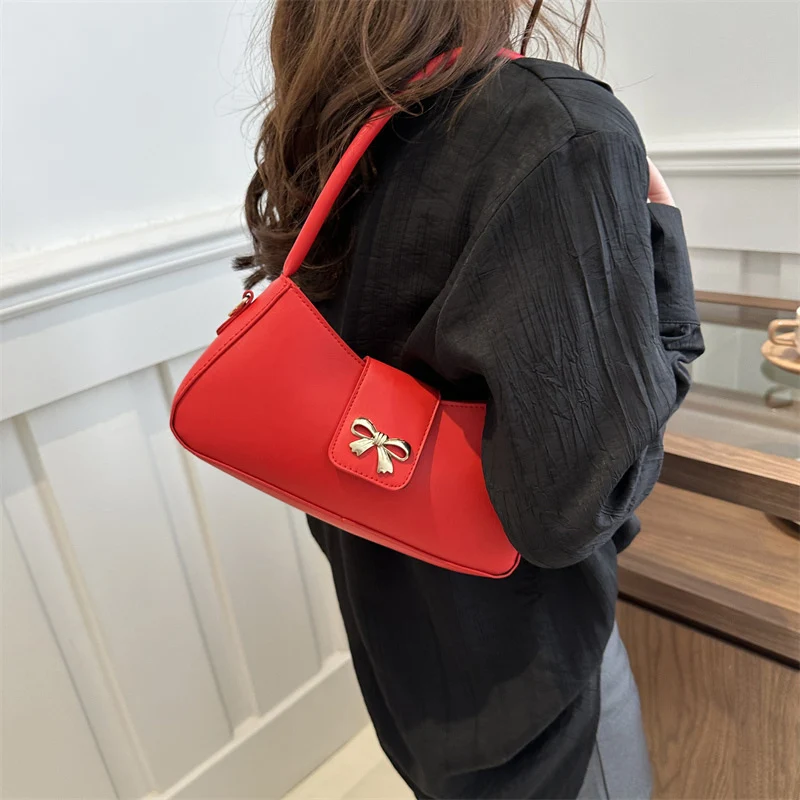 

2024 New Fashion Underarm Bag For Women Solid Versatile Trendy Bow Square One Shoulder Bags Ladies Texture Commuting Handbag