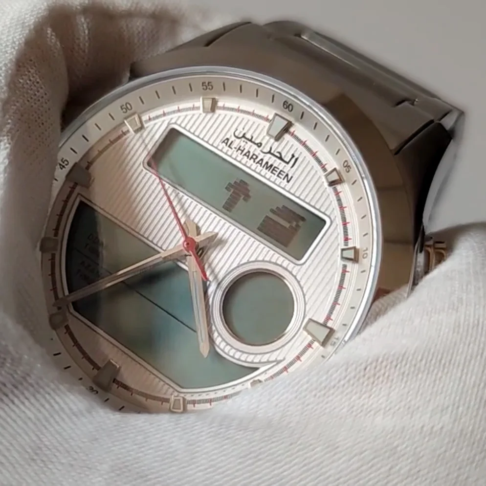 Orologio musulmano AL-Harameen per uomo con tempo di preghiera Azan e Qibla quadrante doppio Display con finestra in cristallo zaffiro da 35mm