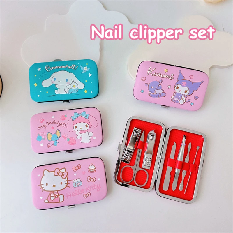 Kawaii Sanrio Hello Kitty Nail Clipper Set Ear Pick Tweezers W/ Melody Kuromi Cinnamoroll Packing Box Manicure Set