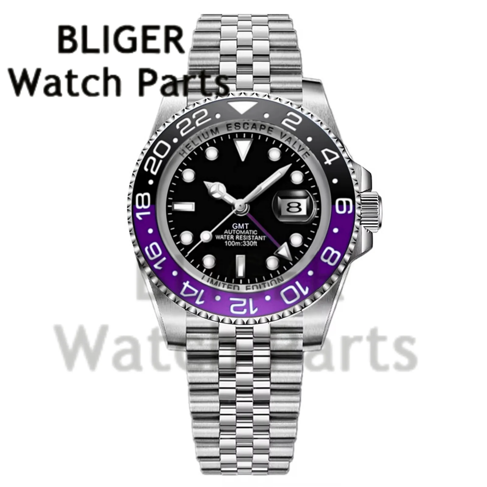 Mechanische 40mm Edelstahl Herrenuhren mit NH34 Uhrwerk, 120-Klick-Lünette, Jubilee-Armband, Schwarz-Lila GMT Taucheruhr für Herren