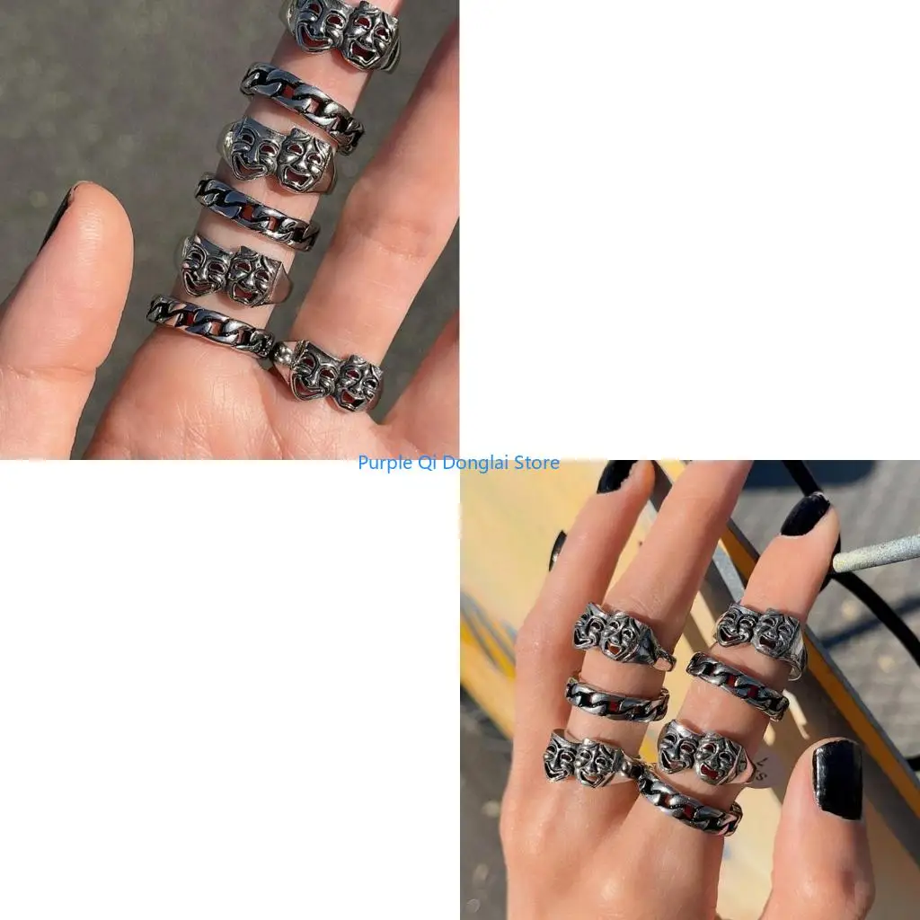 L21E Tragedy Comedy Theater Mask Ring Jewelry Fashion ​Stackable Finger Ring ​Bands