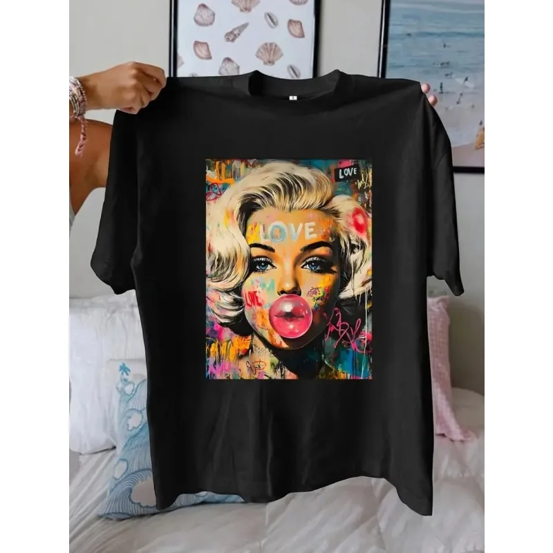 Schwarzes lässiges Damen-T-Shirt mit Rundhalsausschnitt, abstrakte Kunst und LIEBE-Muster, bedruckt, modisches Oberteil, vielseitiges, trendiges bedrucktes Damen-Oberteil – Detail 2
