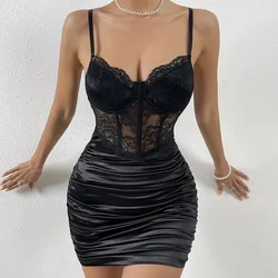 Abrini Vintage Lace Sexy Bodycon Black Dress For Women Sleeveless Spaghetti Strap Pleated Dress Patchwork Slim Partyclub Dresses