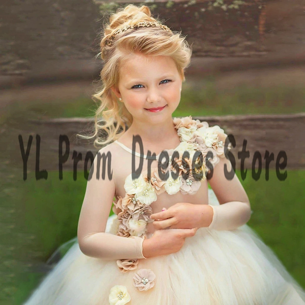 YL Simples Illusion Manga Comprida Primeira Comunhão Vestidos Até O Chão فساتين 3D Apliques Puffy Tulle Flower Girl Vestidos Crianças Bebê