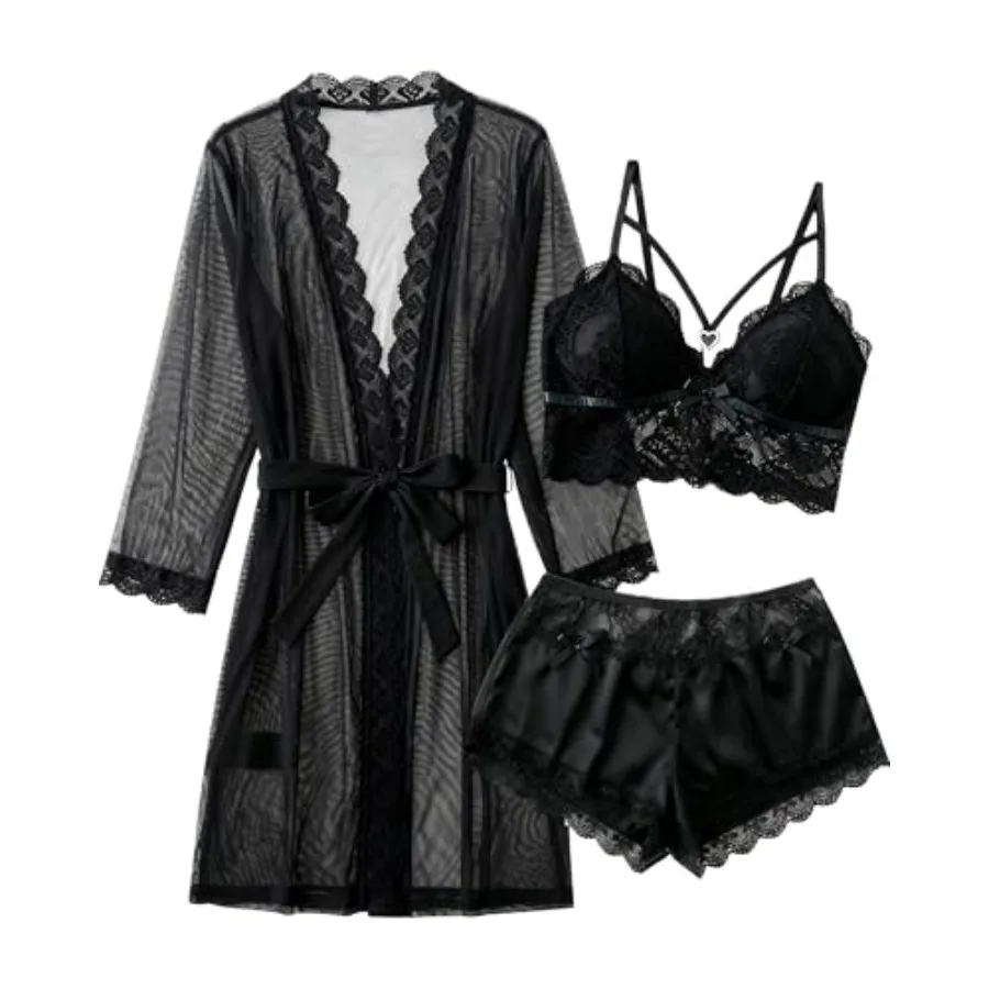 

Avidlove Women Sexy Pajamas Set 3 Pcs Lingerie Lace Cami Sleepwear and Silk Satin Pjs Sets with Mesh Kimono Robe