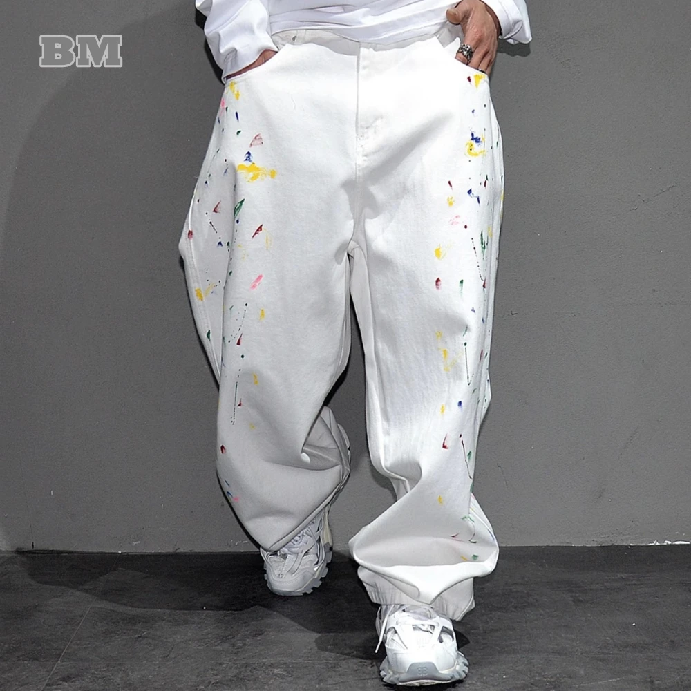 Korean Fashion Hip Hop Splash-Ink Painted Baggy Jeans For Men Streetwear White Jeans Skateboard Denim Pants Trendy Trousers Male