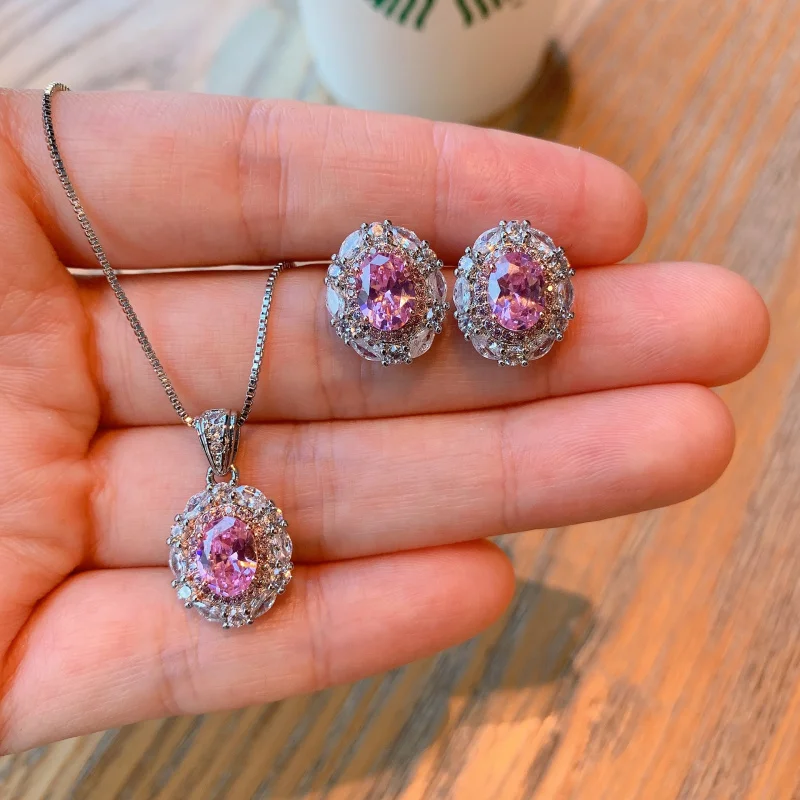 

Jewelry Pink Diamond Collarbone Chain Light Luxury High-end Cherry Blossom Pink Gemstone Earrings Vintage Crystal Pink Necklace