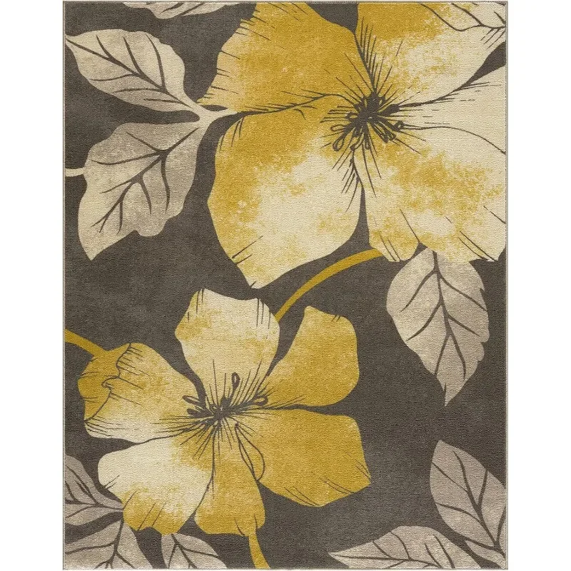 Area Rugs Non-Skid (Non-Slip) Rubber Backing Yellow - Brown Flowers Indoor Rug