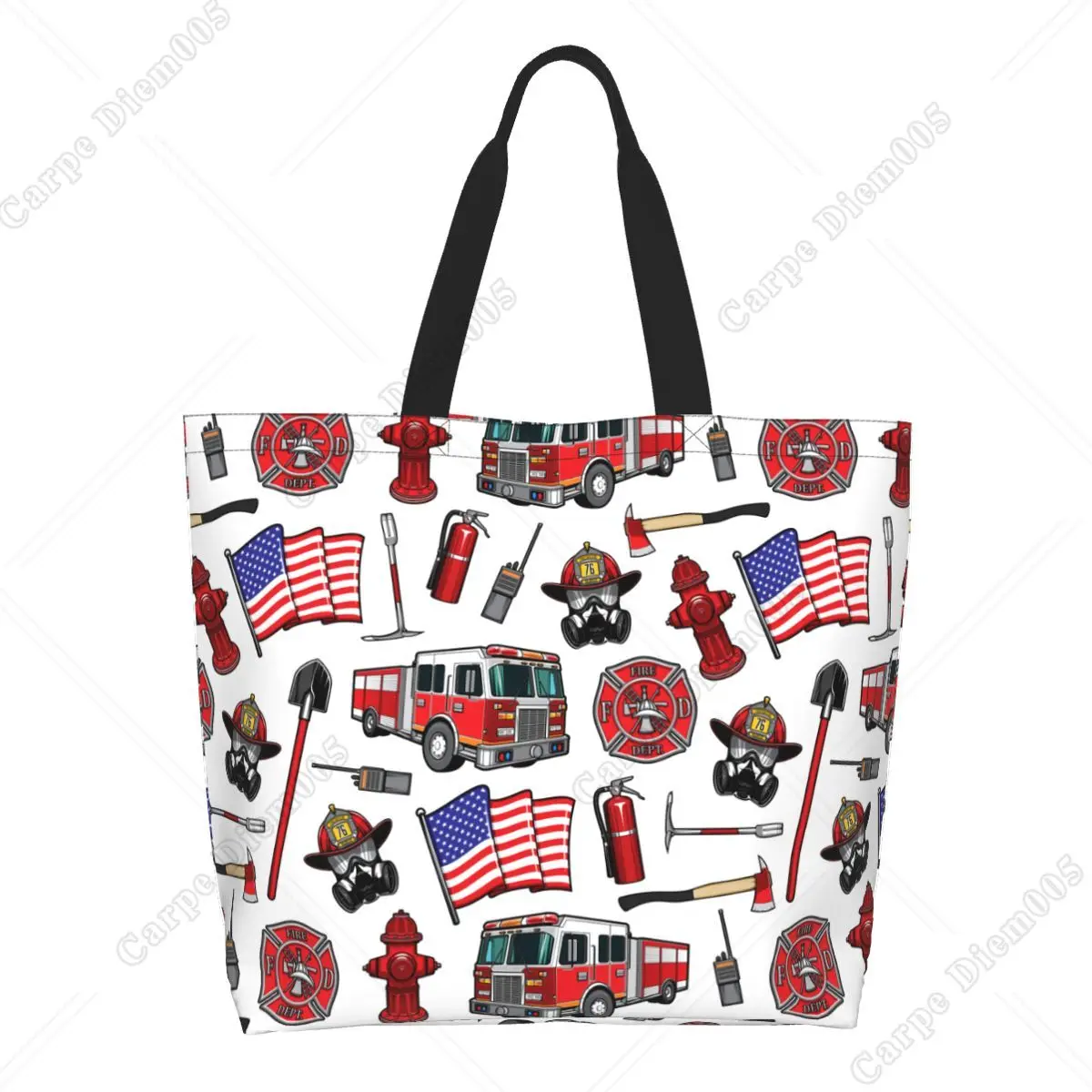 Fire Truck Flame Firefighting Firemen American Flag Bag Reusable Large Shoulder Bag Fasion Handbag for Shopping Work Handbag