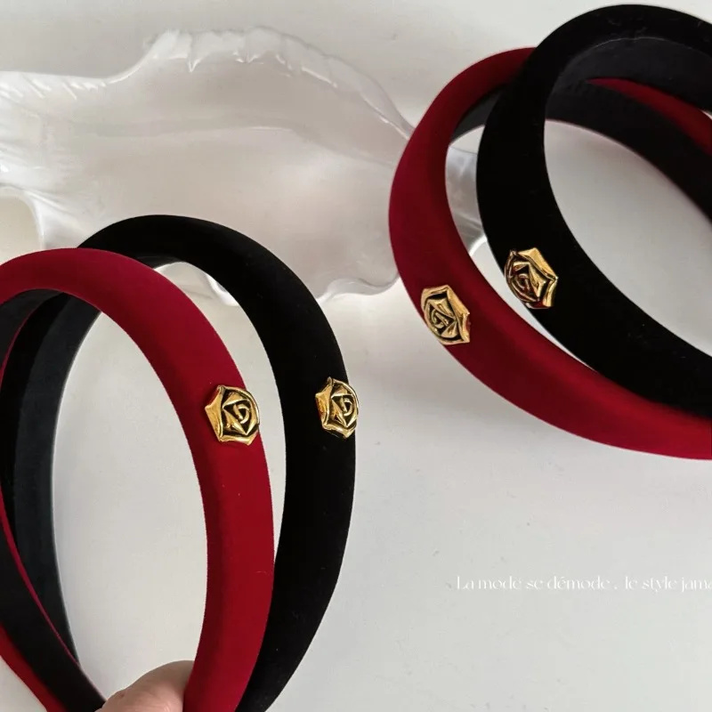 Golden rose French red velvet headband festive retro light luxury high-end niche design headband hair accessories