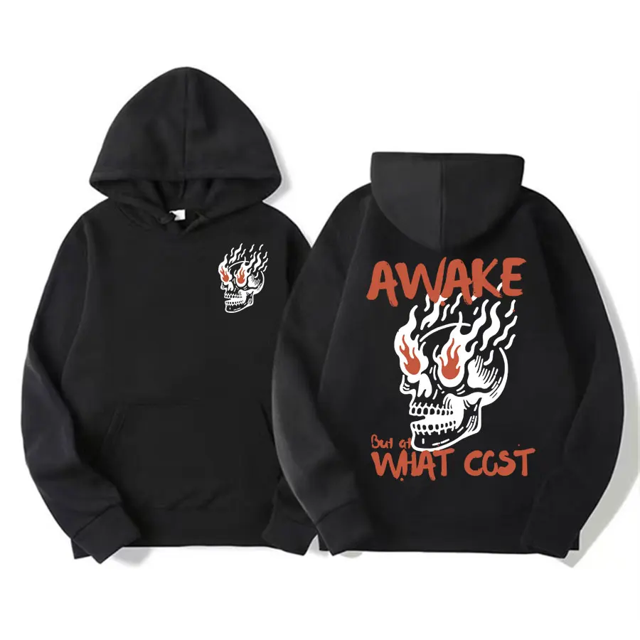 

Awake At What Cost Skull Vintage Graphic Hoodie Men's Harajuku High Quality Sweatshirt Unisex Casual Oversized Hooded Streetwear