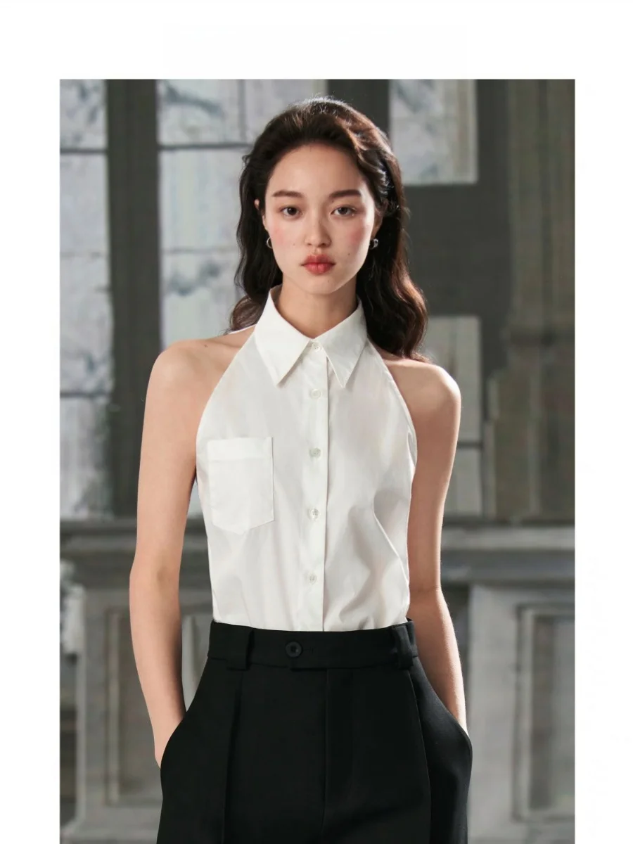 White Svel Ne Hanging irt صيف 2024 تصميم قاعدة الطبقة العلوية الكورية Sle فضفاضة تناسب زر التفاصيل مزيج البوليستر