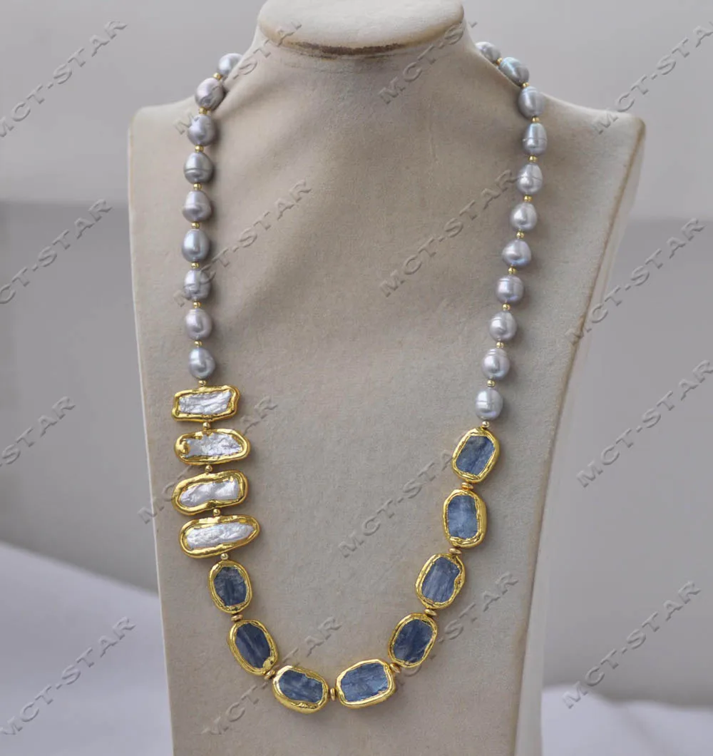 MTC·STAR Z13545 Set 26'' 20mm Gray Rice Pearl Plated Blue Crystal Coin White Biwa Pearl Necklace Bracelet Earring Custom Jewelry