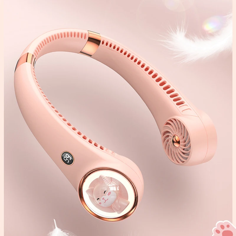 Wentylator na szyję z uroczym cyfrowym wyświetlaczem wiatraczek bez ramiączek z pałąkiem na szyję, przenośne Mini chłodnica powietrzna wentylatory elektryczne z akumulatorem USB