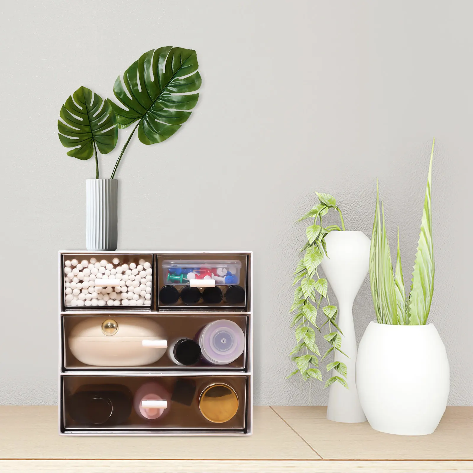 

Настольный органайзер-ящик с 3 уровнями и 4 выдвижными ящиками, прозрачный, для хранения косметики, украшений, канцелярских принадлежностей, элегантный настольный органайзер