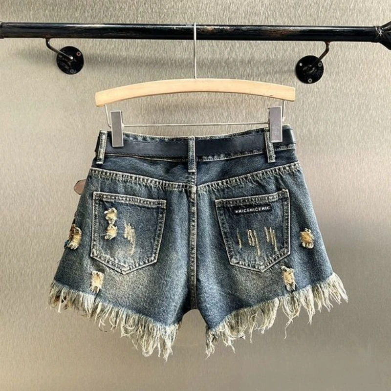 Female Sequin Floral Print Denim Shorts Women\'s Vintage High Waist Wide Leg Short Jeans Female 2023 Summer Trouser Shorts Q946