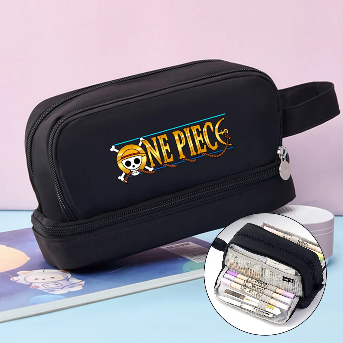 One Piece Pencil Bag Anime Printed Pen Case Large Capacity Stationery Storage Pouch Girls Boys Student School Accessories Gifts