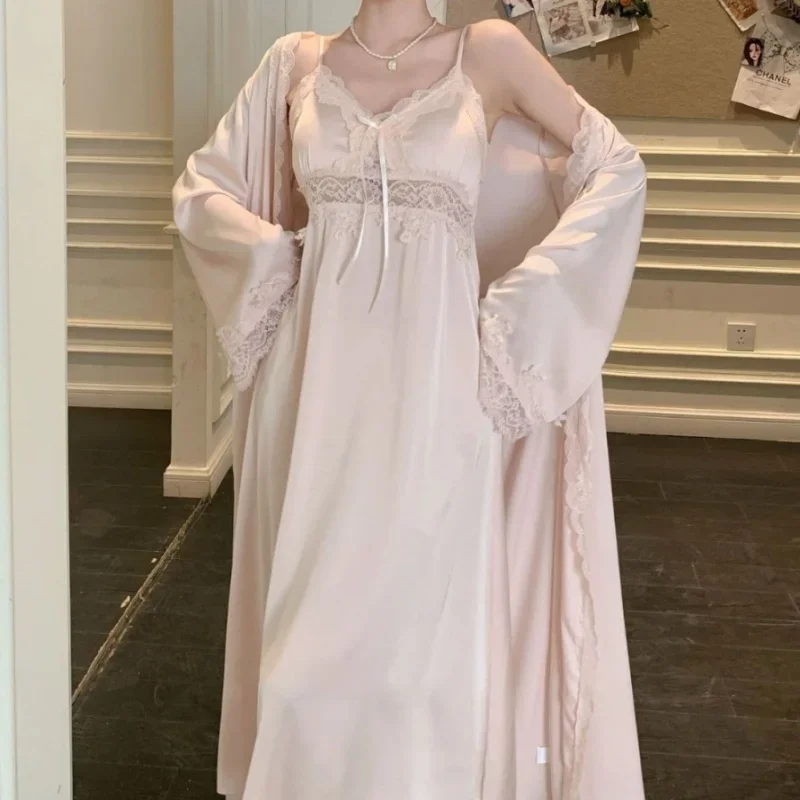 Spring New Nightgown Women Bride Wedding Dress Sweet Lace Patchwork Robe Set Nightdress Elegant Lingerie Summer Long Kimono Gown