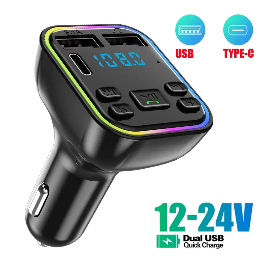 Bluetooth V5.3 Car Bluetooth Mp3 Player, Dual USB Car Charger, Type-C Port, 5V3A Output, Car Fm Transmitter, Supports Hands-Free Calling, Music Playback, and Can Display Car Battery Voltage