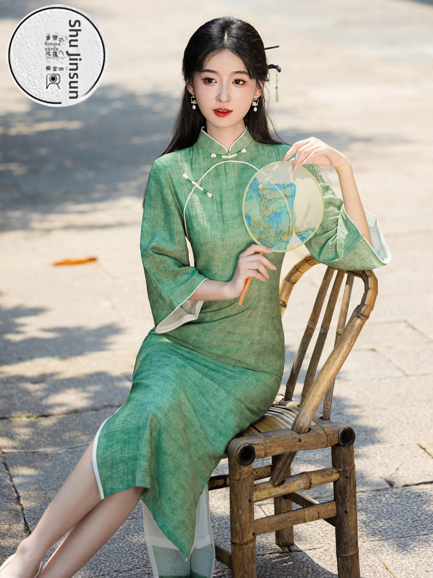 ele-new-chinese-sle-girl's-dr-daily-wear-retro-ele-high-end-sensation-summer-season-midi-dr-pure-color-polyes