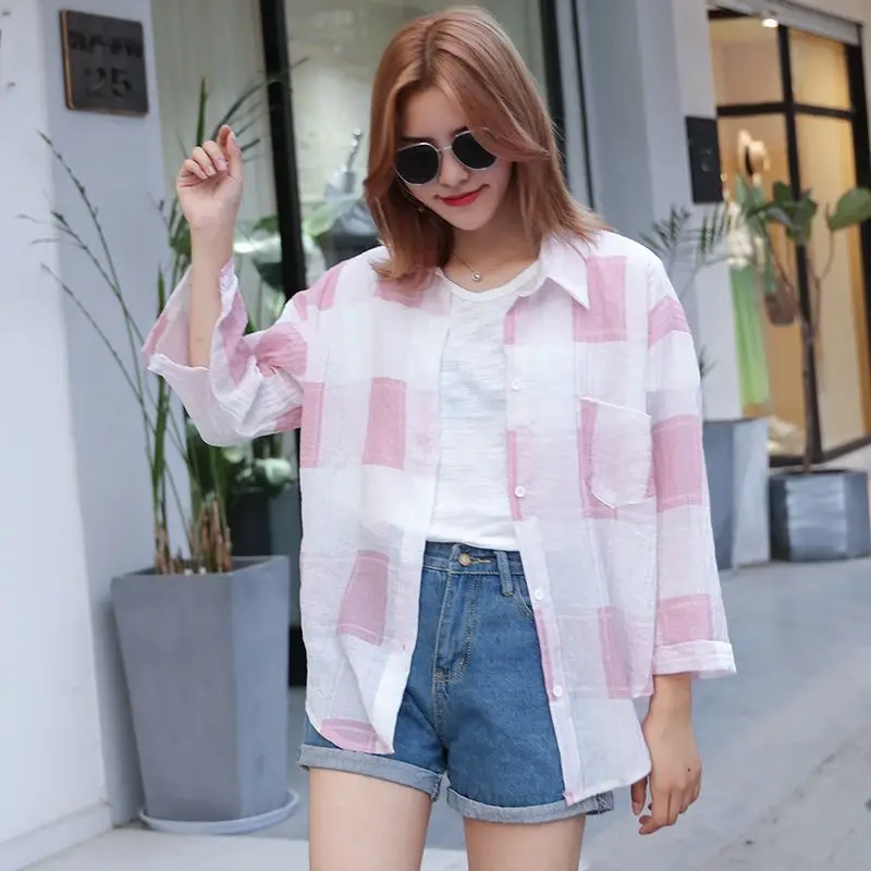 Turn-down Collar Comfortable Sports Button Plaid Blouses Three Quarter Sleeve Spring Summer Thin Loose Casual Women\'s Clothing