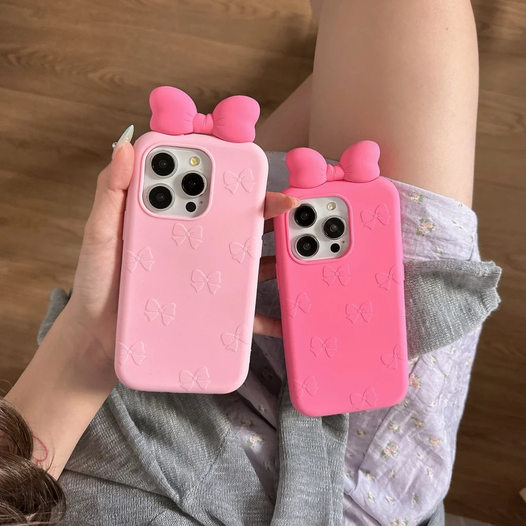 

Korean Cute Pink Bowknot Silicone Phone Case For iPhone 11 12 13 14 15 16 Pro Max 14 15 Plus X XS shockproof Bumper Cover﻿﻿