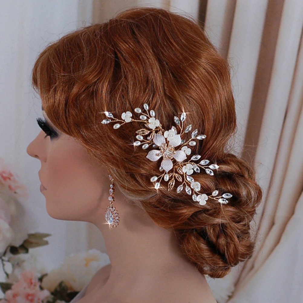

1 Pc Floral Hair Comb Artificial Pearl Rhinestone Hair Comb Accessories Bridal Hair Decoration for Wedding (Golden)