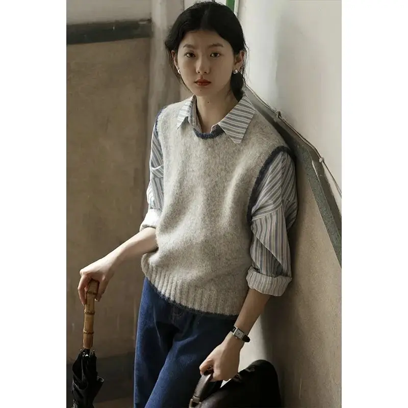 Casual Gray Sweater Vest Women Vintage Korean Japanese Preppy Old Money Style Two Piece Sets Knitted Top Striped Shirts