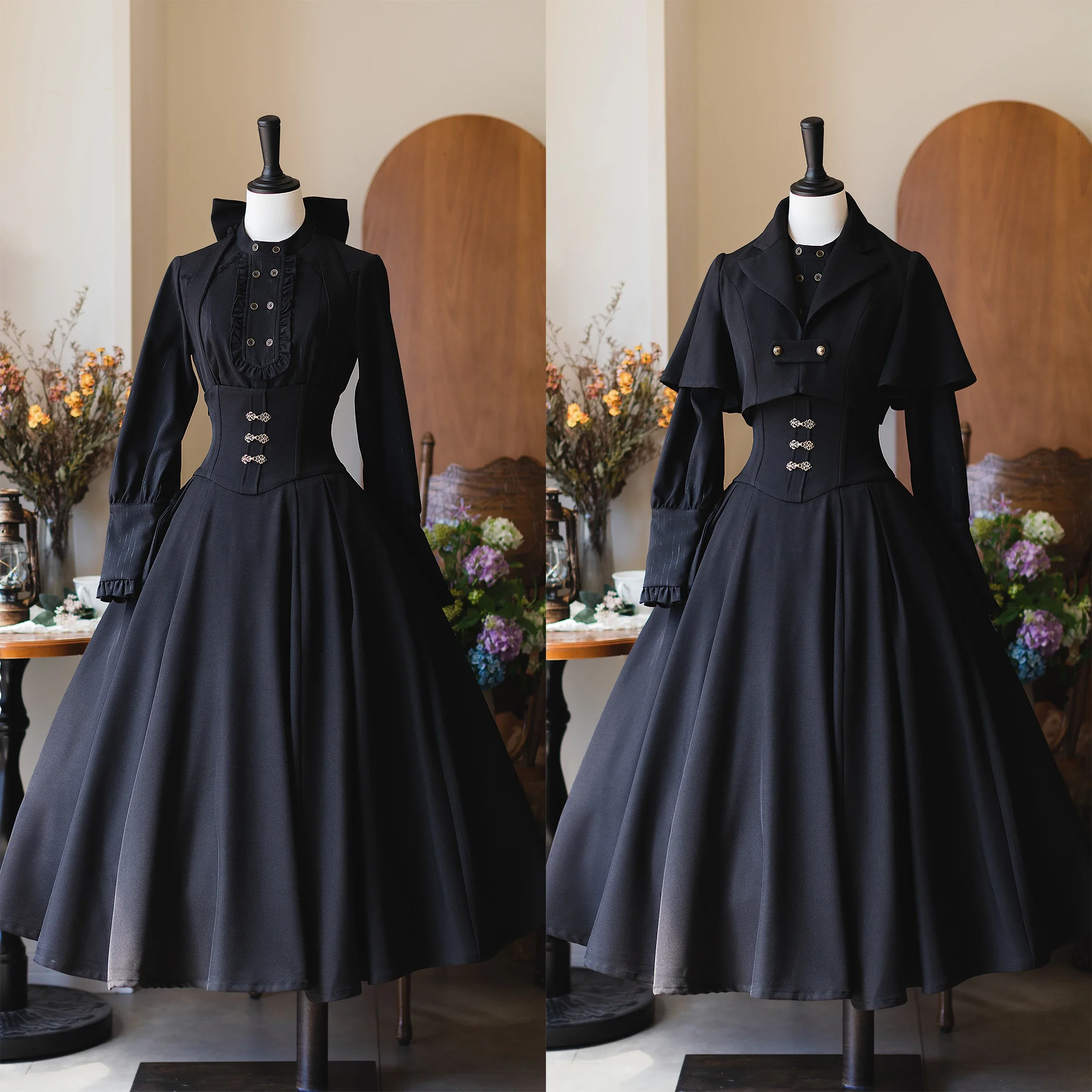 Vestido Original Vintage elegante con cuello de Lolita, vestidos largos ajustados de cintura alta para mujer, camisa de manga larga para primavera y otoño