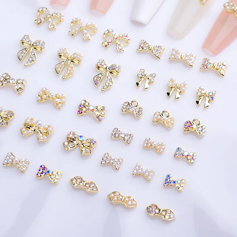 10PCS Alloy Bow Nail Charms Gold Bowknot Crystal Decoration 3D Rhinestone Nail Parts Gem Stones Supplies DIY Manicure Design#10