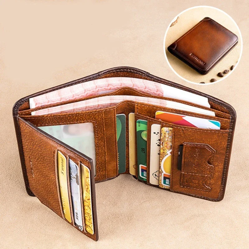 Men Wallet Genuine Leather Rfid Blocking Trifold Vintage Thin Short Multi Function ID Credit Card Holder Male Purse Money