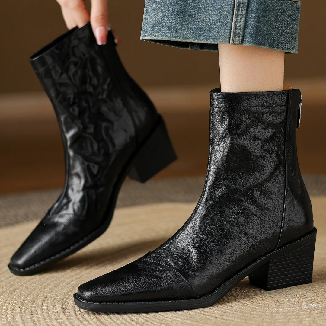 

danxuefei women's pleated sheepskin square toe back zip autumn ankle boots 5.5cm thick high heel elegant ladies short booties 40