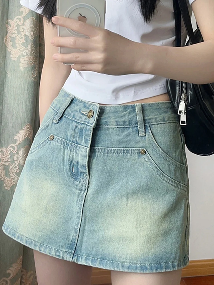 

High Waist A-Line Skirt for plus Size Women Vintage Ripped Denim Short Skirt Summer Slimming Small Figures Half-length S...