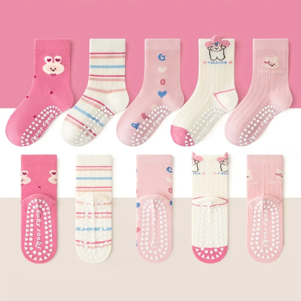 2027 New 5-Pack Floor Socks with 3D Bunny and Floral Patterns, Non-Slip Dots, Soft Sole, Indoor Non-Slip Striped Letter Socks