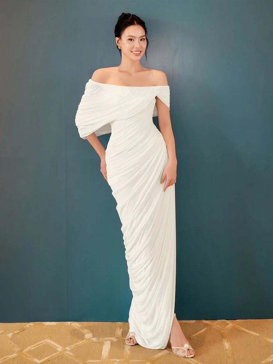 Kliou Ruched Elegant Long Dress Woman Slash Neck Backless Irregular Shape Gown Robe Midnight Prom Party Sexy Fashion Vestidos