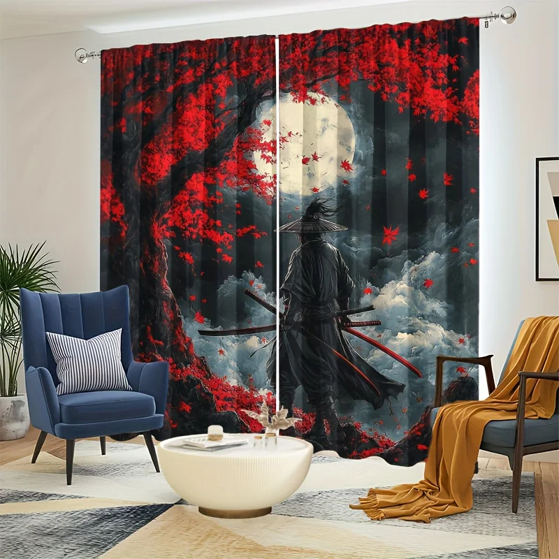 Dark Ronin Curtain 2 Panels, Straw Hat Samurai Red Maple Big Full Moon Cloud Print, Drapes for Bedroom Japanese Decor Curtain