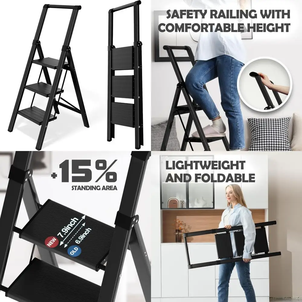 سلم ألومنيوم قابل للطي بثلاث خطوات، خفيف الوزن ومحمول مع مشاعل مضادة للانقسام، قبضة يد مريحة لسهولة الاستخدام والثبات