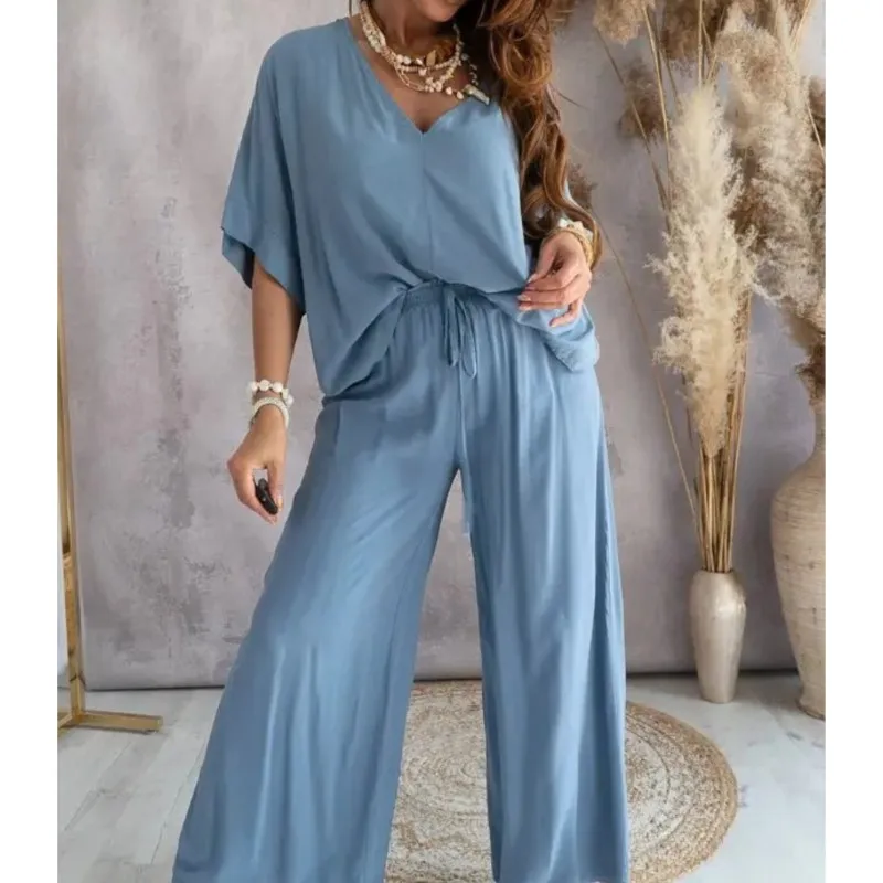 2024 Long Pant Sets Summer two piece set For Women V neck Bat Sleeve Casual Loose Wide-leg Pants 2 piece set solid color Outfits