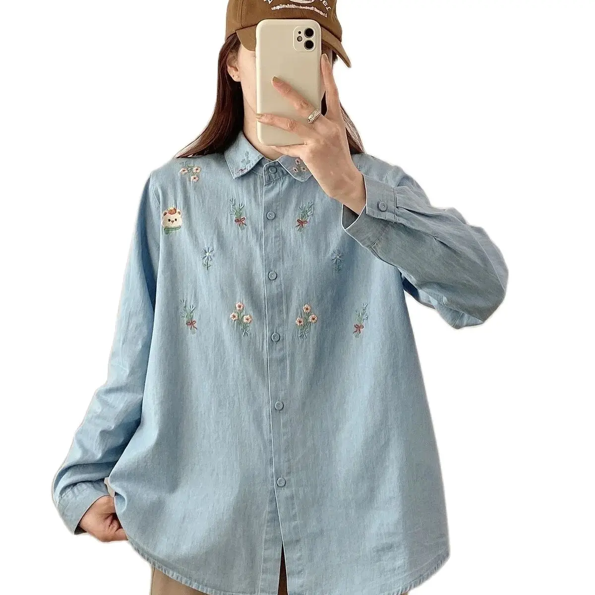 New Autumn Cotton Embroidery Denim Shirt Women Lapel Collar Top Girl Long Sleeve Loose Age Reduction Blouse 2024 Spring T3D990QC